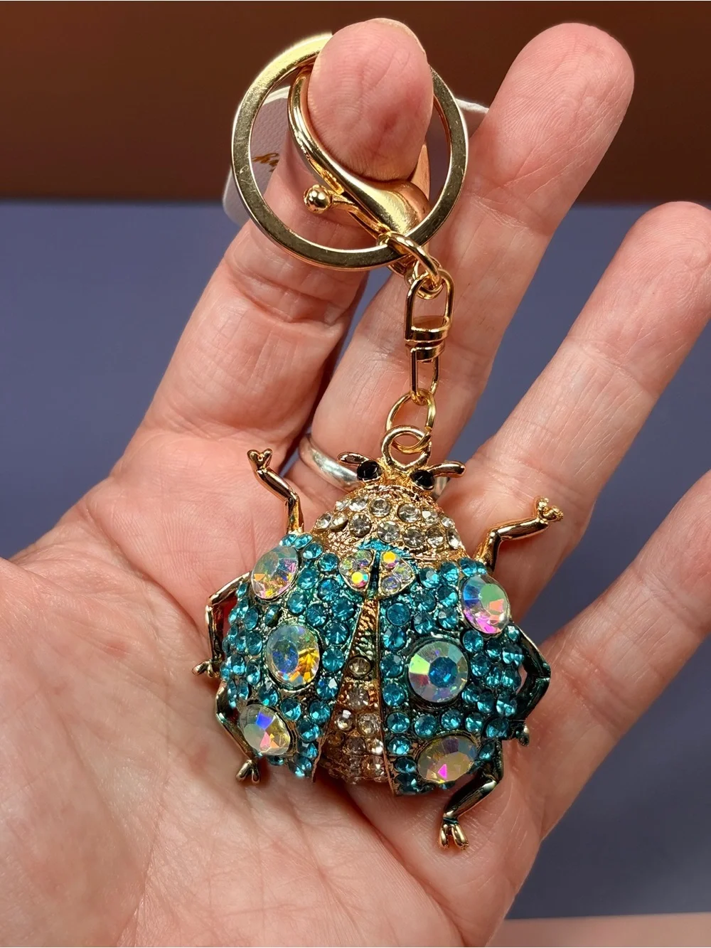 Sparkling Ladybug Keychain - Gold with Blue Aurora Rhinestones